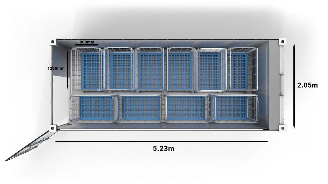 10 chariots dans un conteneur UltraFreezer de 20 pieds