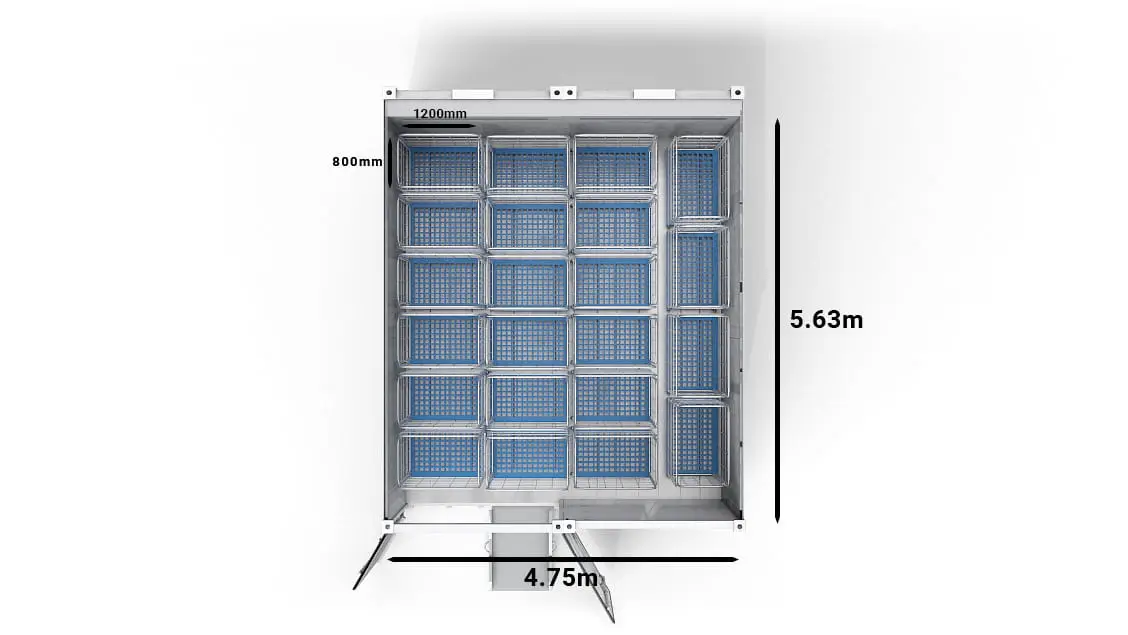 22 Rollcontainer in einem 2-Fach-20-Fuß Arctic SuperStore