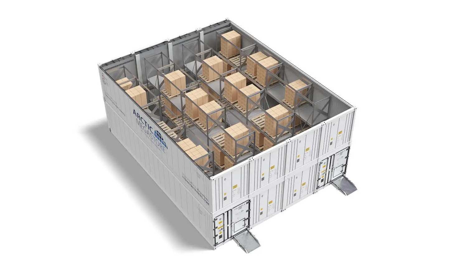 Innenansicht eines temperaturgesteuerten Arctic MegaStore-Lagercontainers mit isolierten Wänden und Boden.